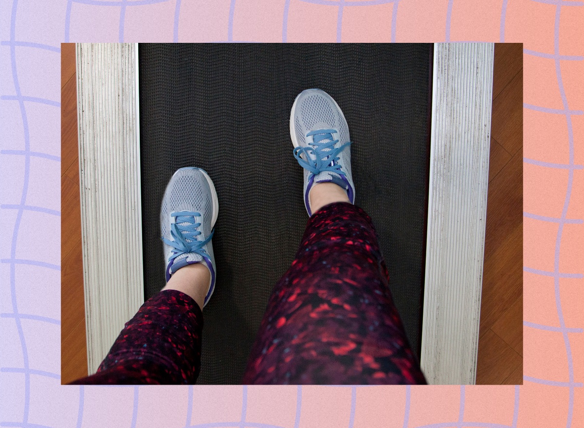 close-up of woman's sneakers on a walking pad or treadmill