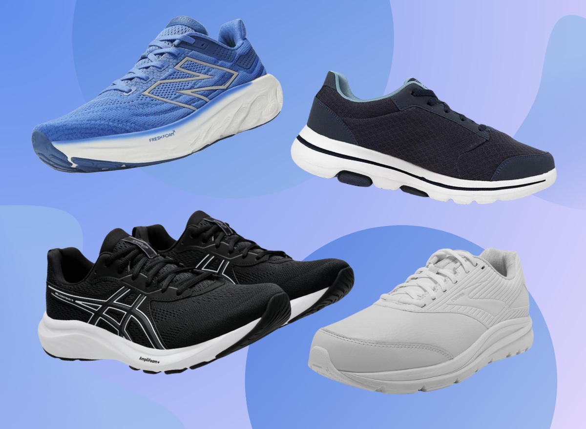 collage of men's walking sneakers on blue circle background design