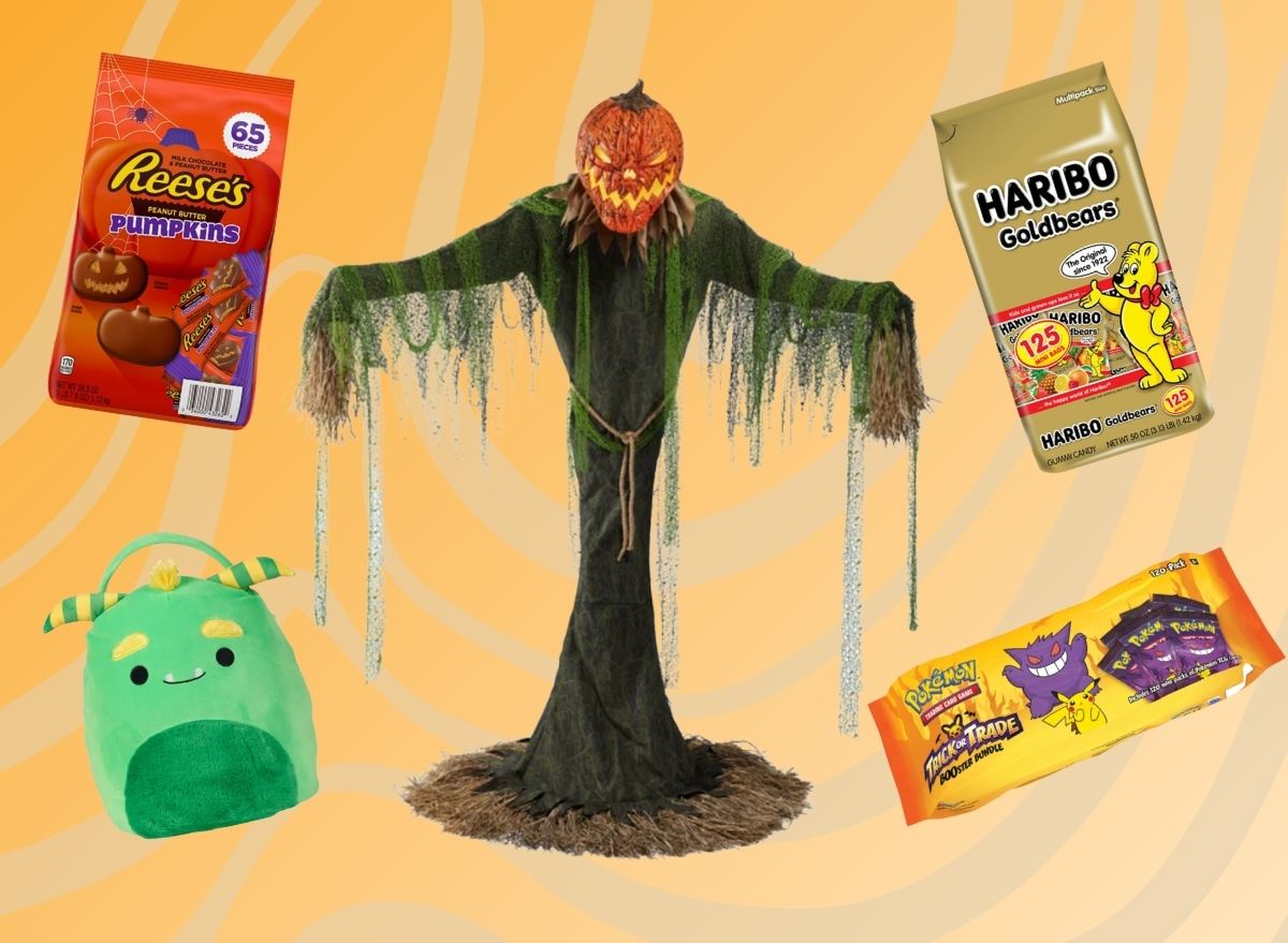 An array of Halloween items from Costco set against a vibrant background