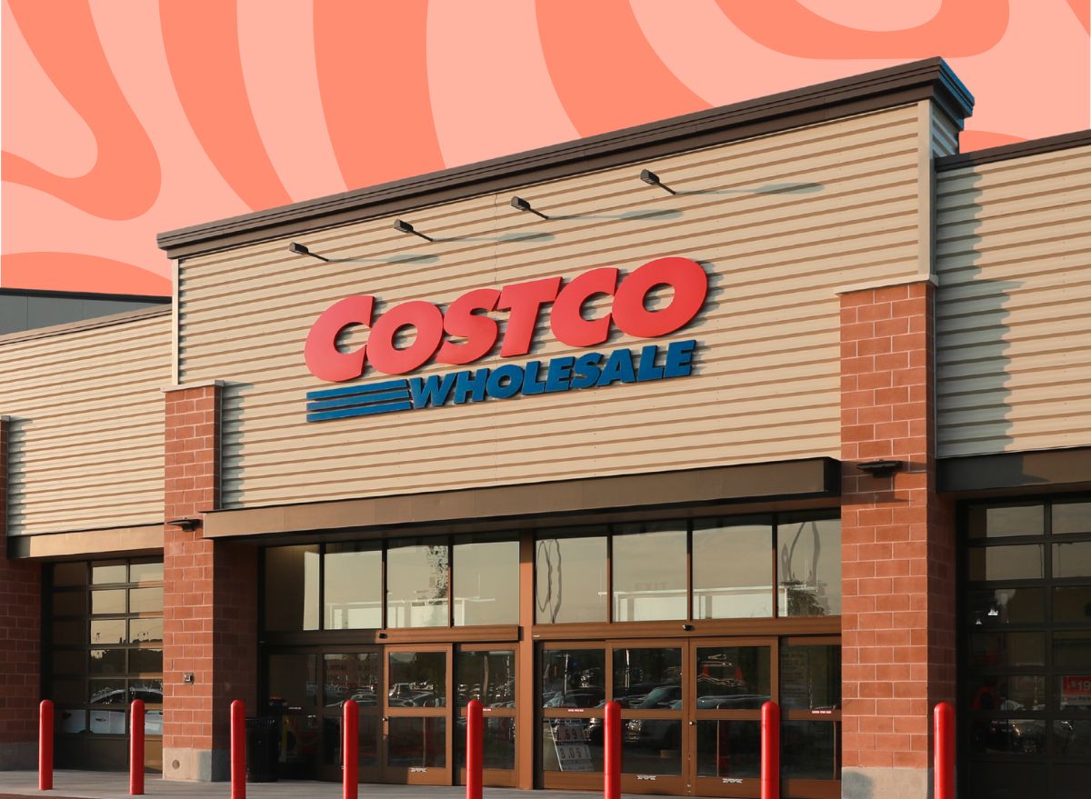 Costco storefront on a designed red background