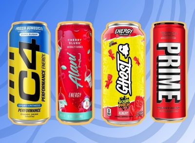 A quartet of popular energy drinks set against a colorful background.