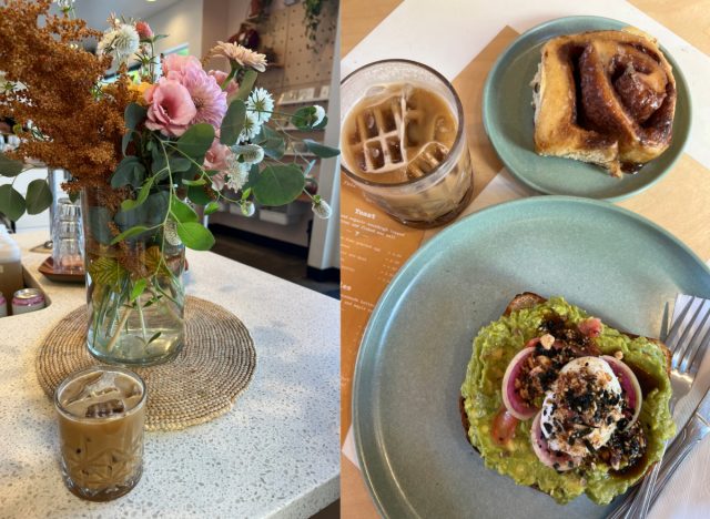 Evergreen cafe split image of iced coffee with flower vase and flat lay shot of an avocado toast, cinnamon roll, and iced coffee