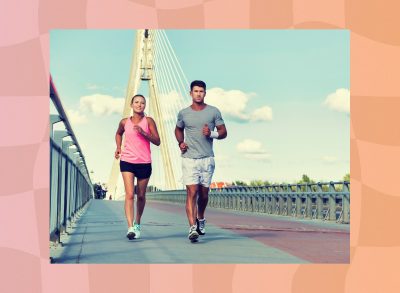 fit couple speed walking outdoors on a bridge on sunny day