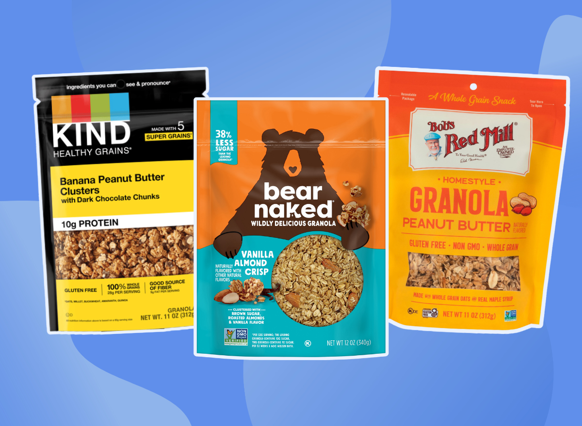 healthy granola brands collage of three products on a designed blue background