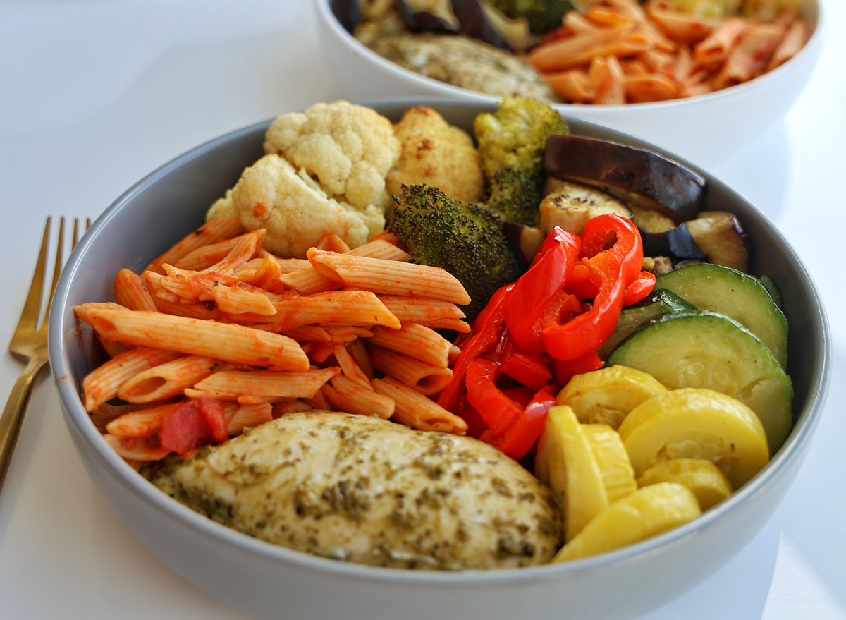 High-Protein Chicken with Roasted Veggies & Pasta