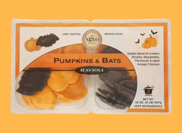 nuovo pasta's pumpkin & bats ravioli set against an orange background