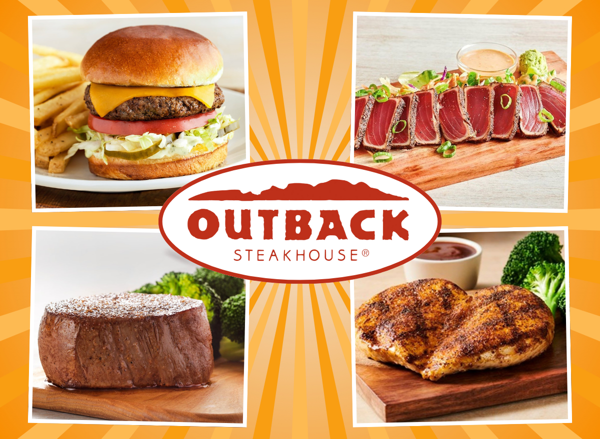 outback logo surrounded by four healthy menu items on a designed orange background