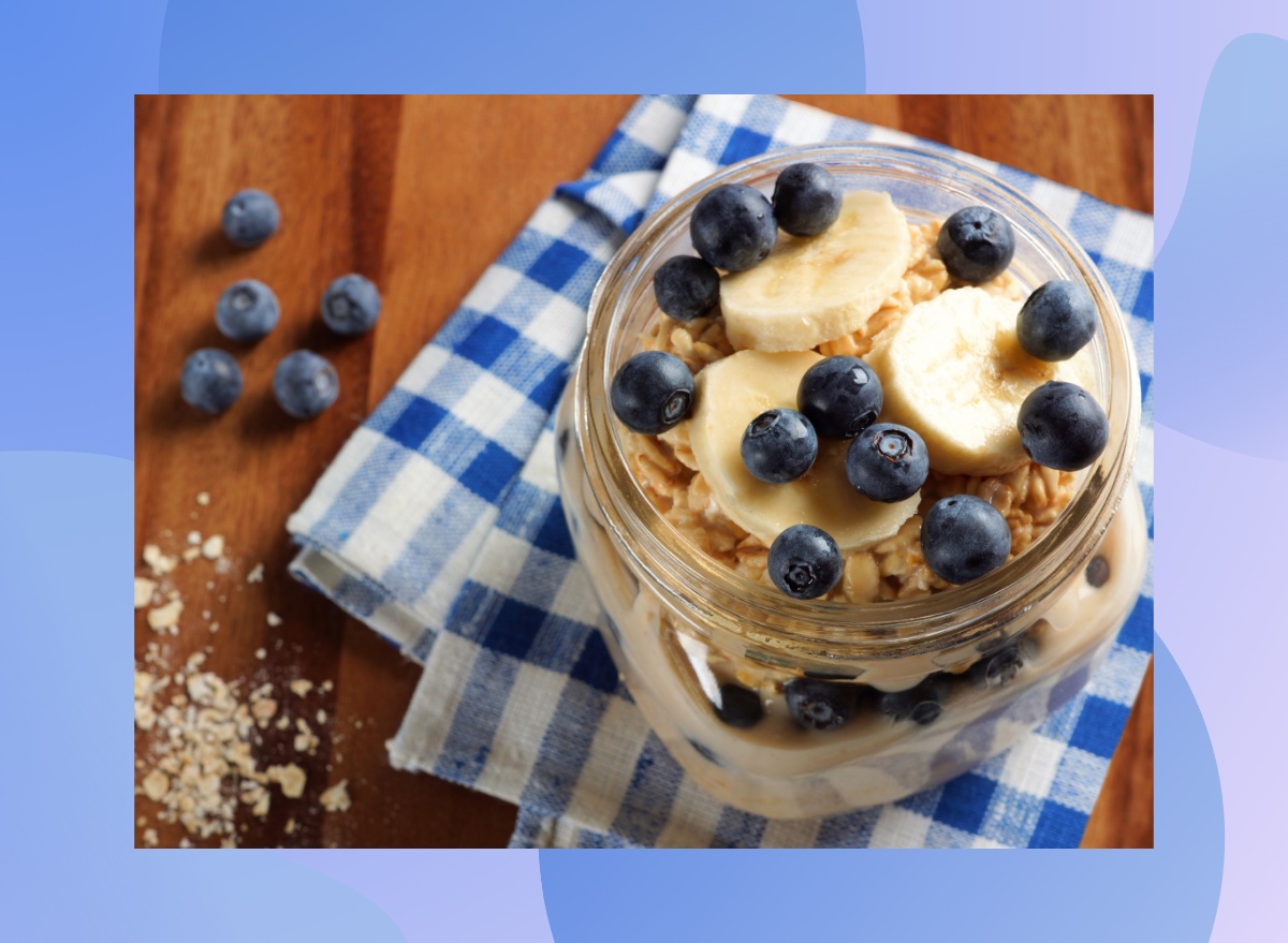 blueberry and banana overnight oats in a mason jar