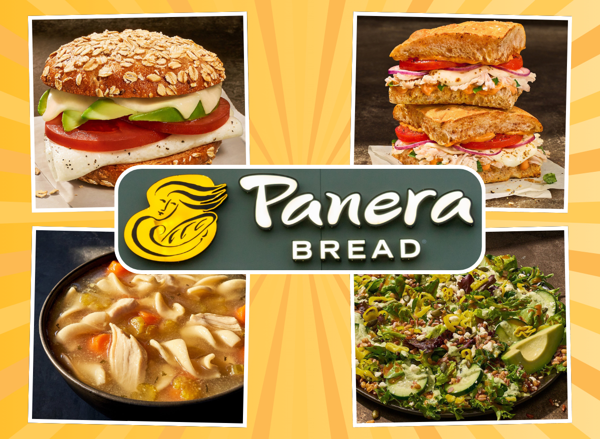 four healthy panera bread menu items surrounding a restaurant logo on a designed yellow background