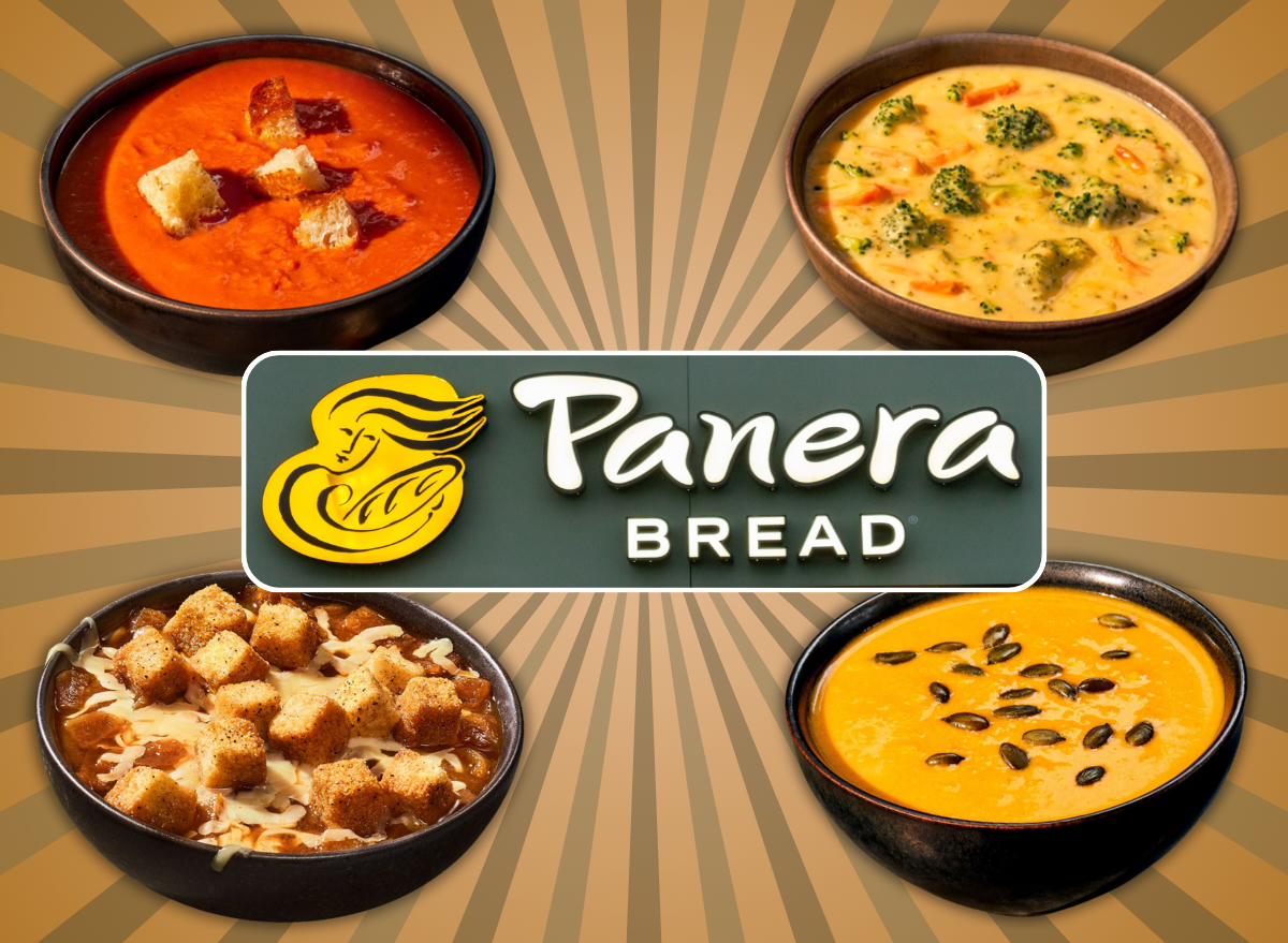 panera soup menu collage of four soups surrounding a panera bread logo