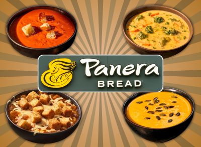 panera soup menu collage of four soups surrounding a panera bread logo