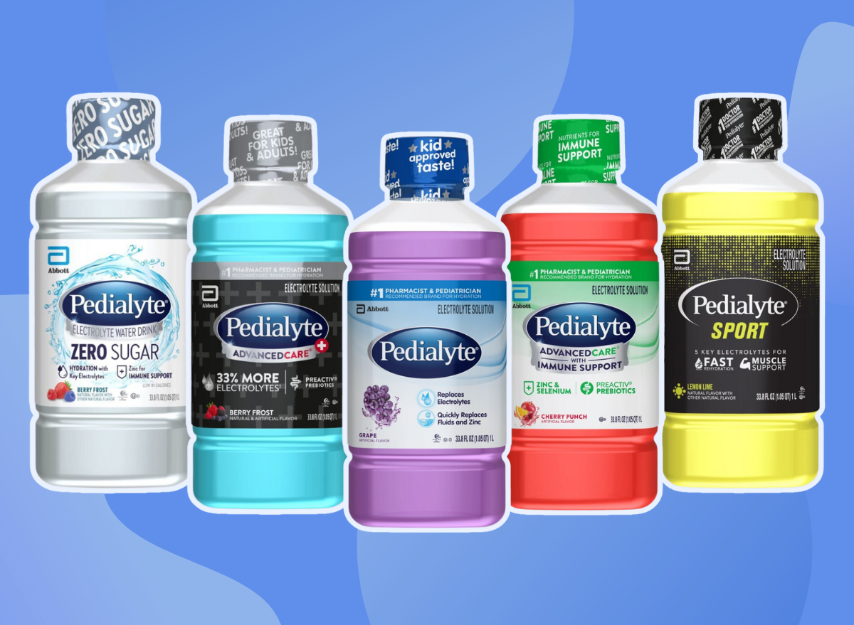 pedialyte lineup of five different products on a blue background