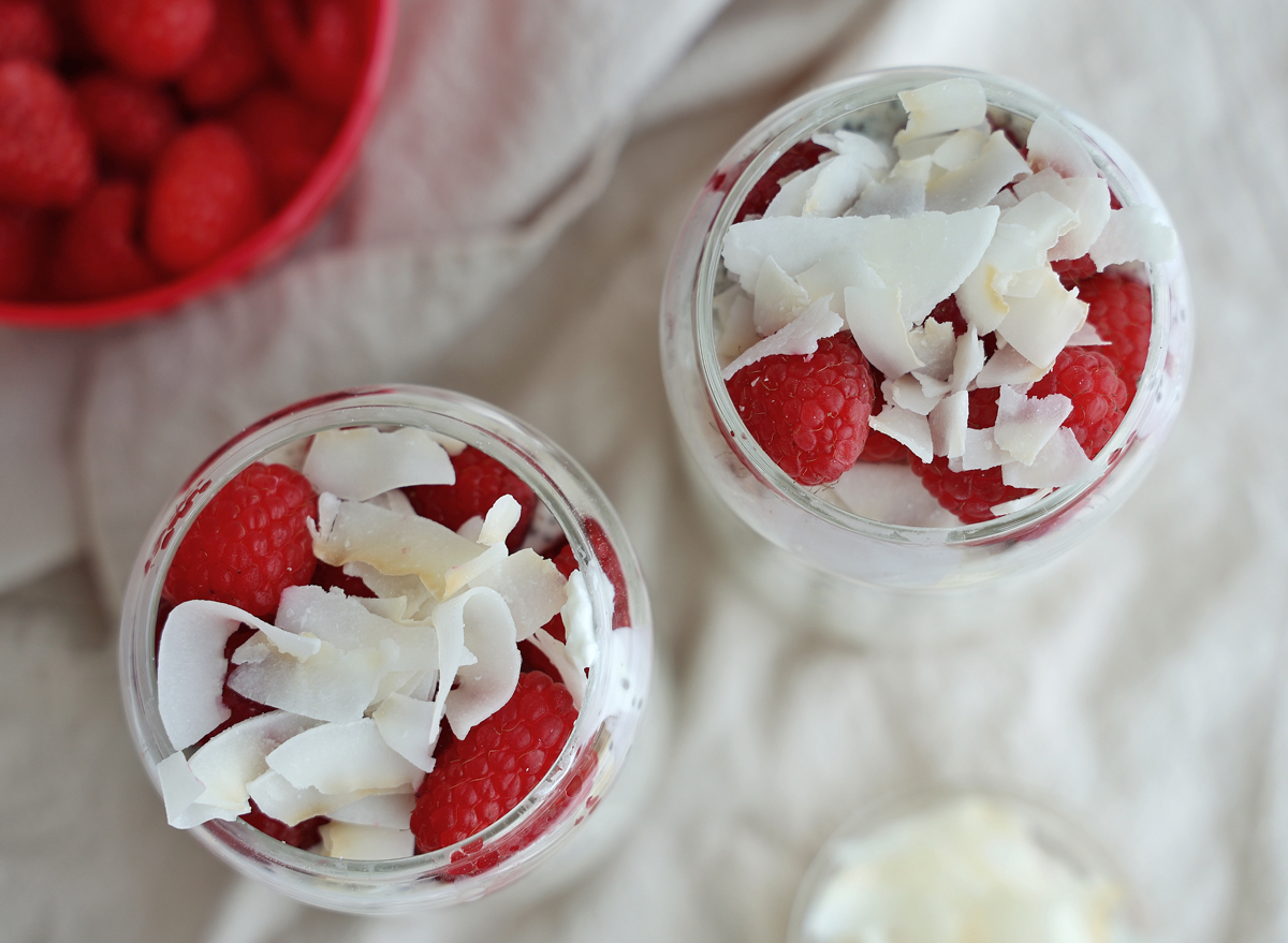 two cups of raspberry coconut overnight oats recipe