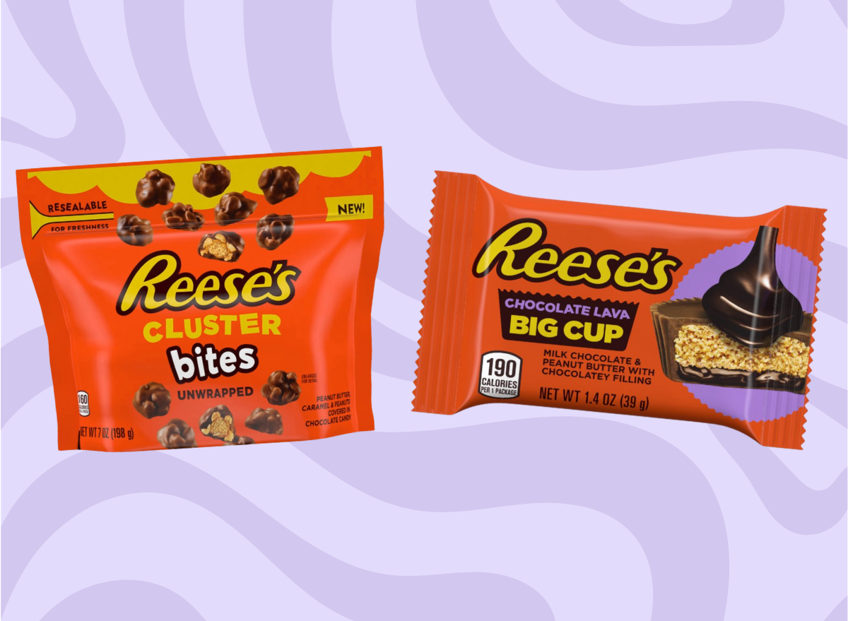 Reese's Cluster Bites and Chocolate Lava Big Cup set against a designed lavender background