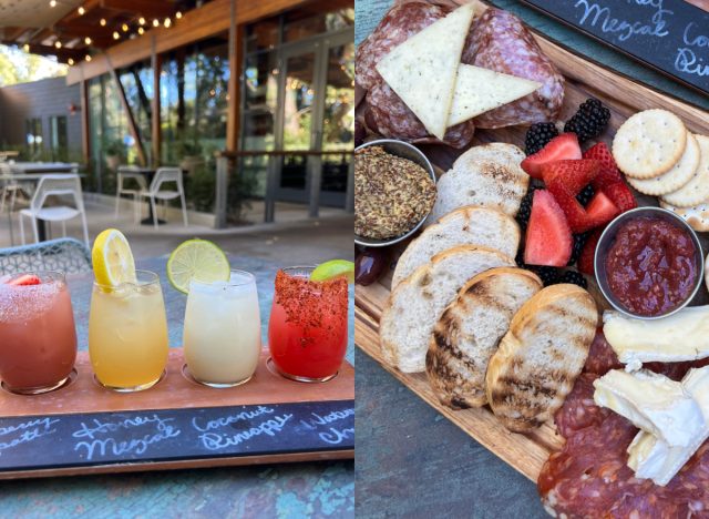 split image of margarita sampler and charcuterie board at Mosiac restaurant at the Sheraton in Redding, CA