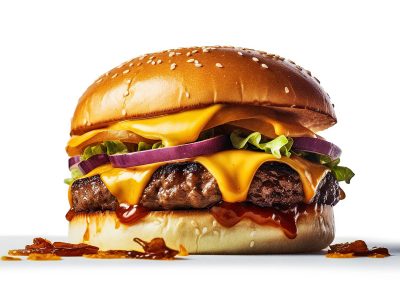 Juicy full beef burger with melted cheese on white background