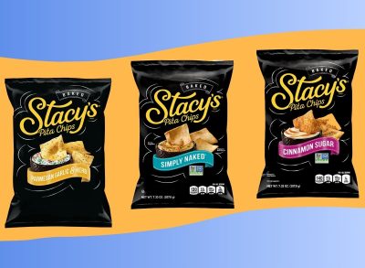 Trio of Stacy's Pita Chips set against a blue and orange background