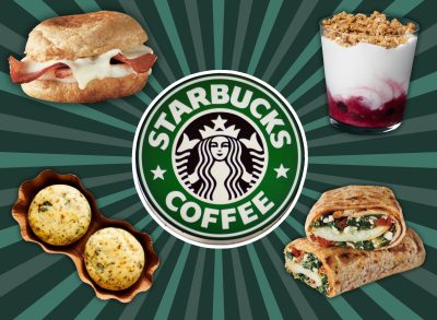 healthy starbucks breakfast menu options surrounding a starbucks logo on a designed green background