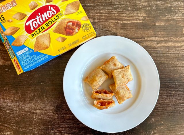 Totino's Combination Pizza Rolls on a plate next to a box of the product