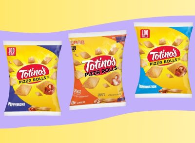 Trio of Totino's Pizza Rolls set against a yellow and lavender background