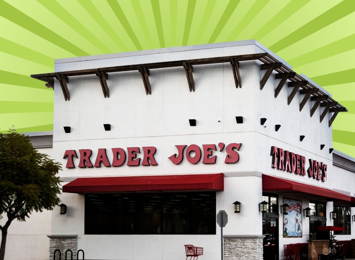 Trader Joe's storefront set against a colorful green background