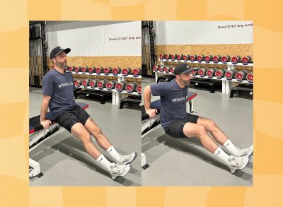 split image of trainer doing a tricep dip