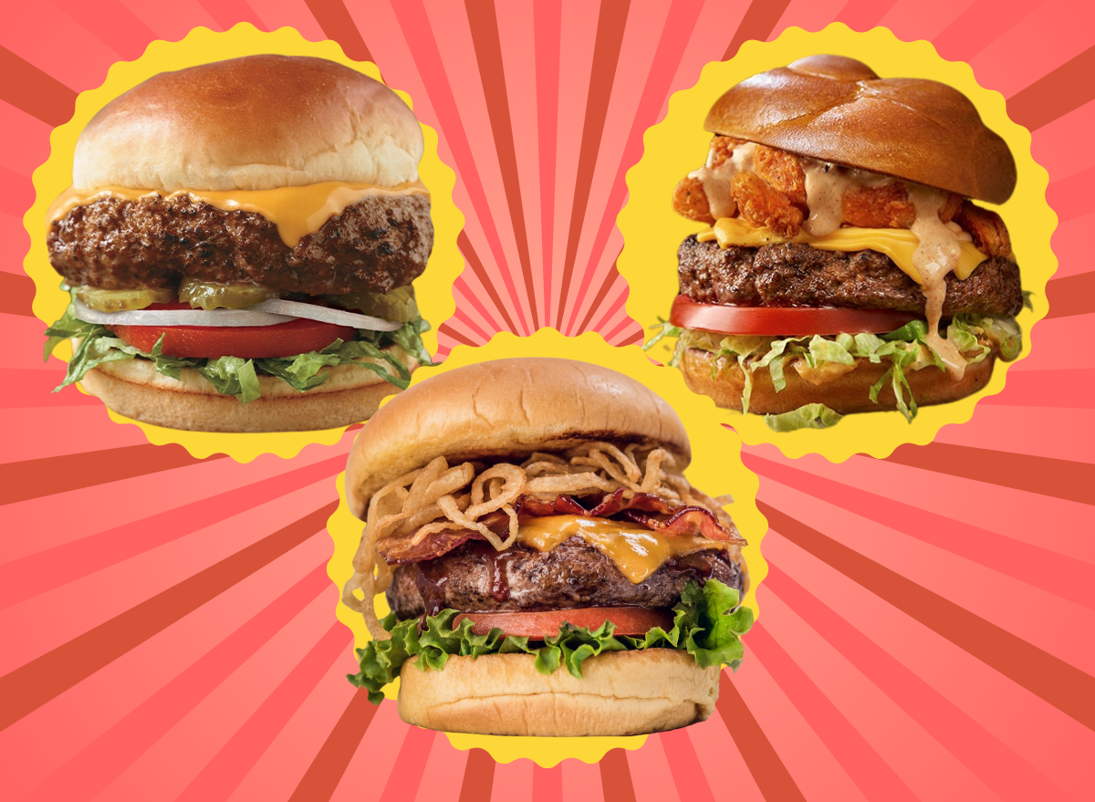 chain restaurant cheeseburgers collage of three cheeseburgers on a red burst background