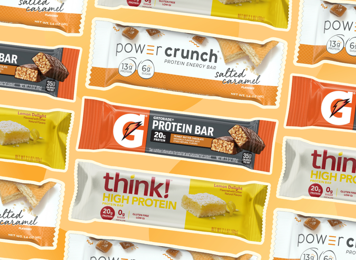 unhealthiest protein bar collage of three brands repeated patter on orange background