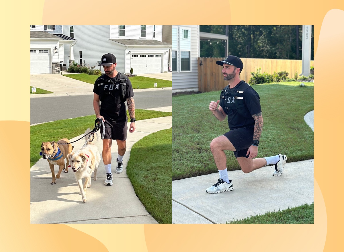 split image of personal trainer walking with weighted vest outdoors on sidewalk