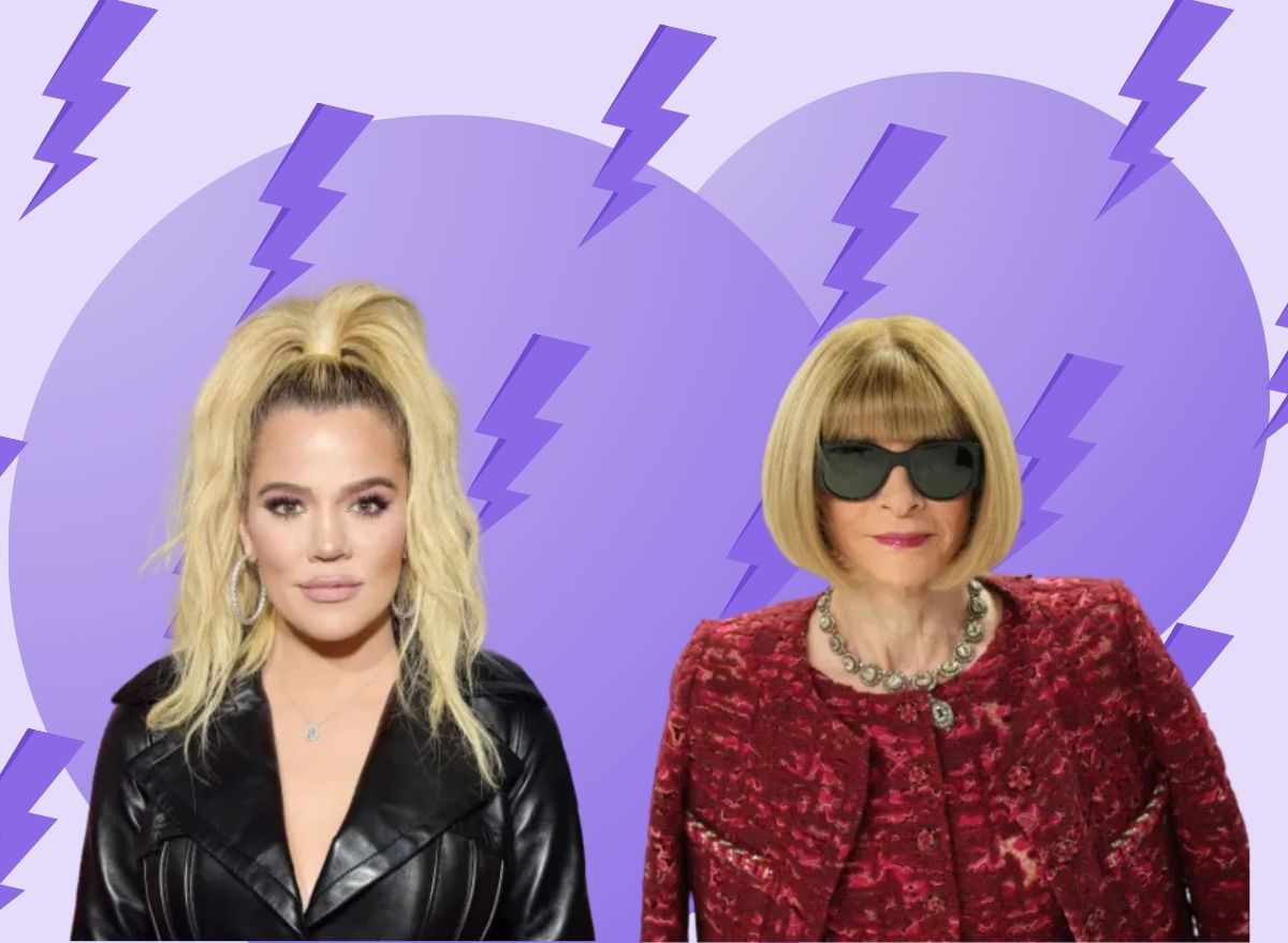 a collage of anna wintour and khloe kardashian on a designed background