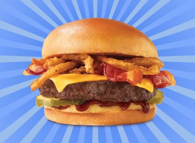 Arby's BBQ Bacon Burger set against a vibrant blue background