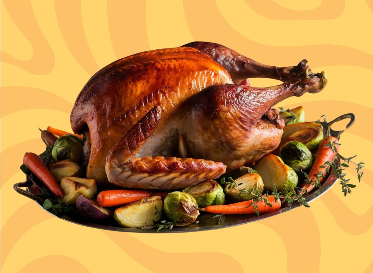 A Thanksgiving-style roast turkey set against a vibrant background.