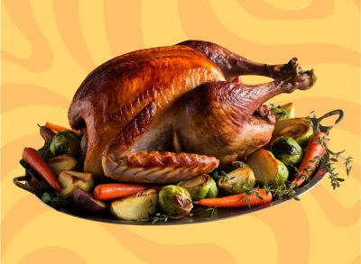 A Thanksgiving-style roast turkey set against a vibrant background.