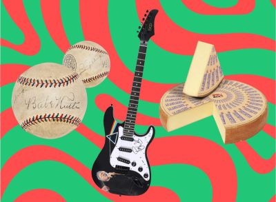 A trio of big-ticket items, including a Babe Ruth-signed baseball and a signed Pink Floyd guitar, set against a festive swirly patterned background