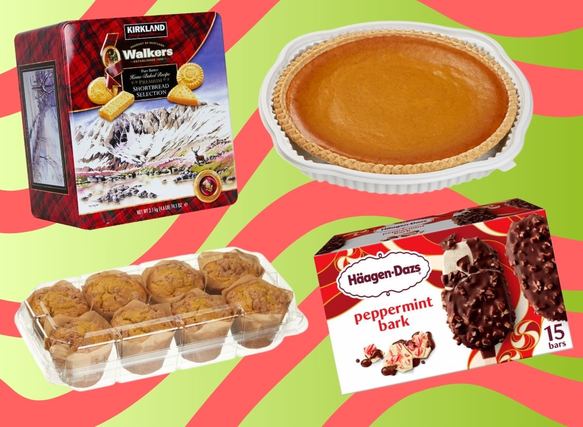 A quartet of holiday desserts from Costco set against a festive background.