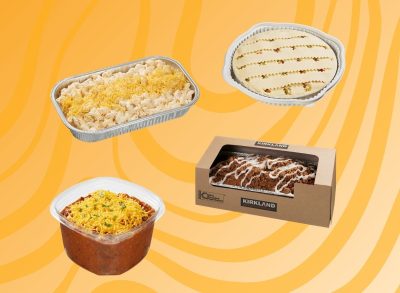 Four Costco food items on a graphic orange background