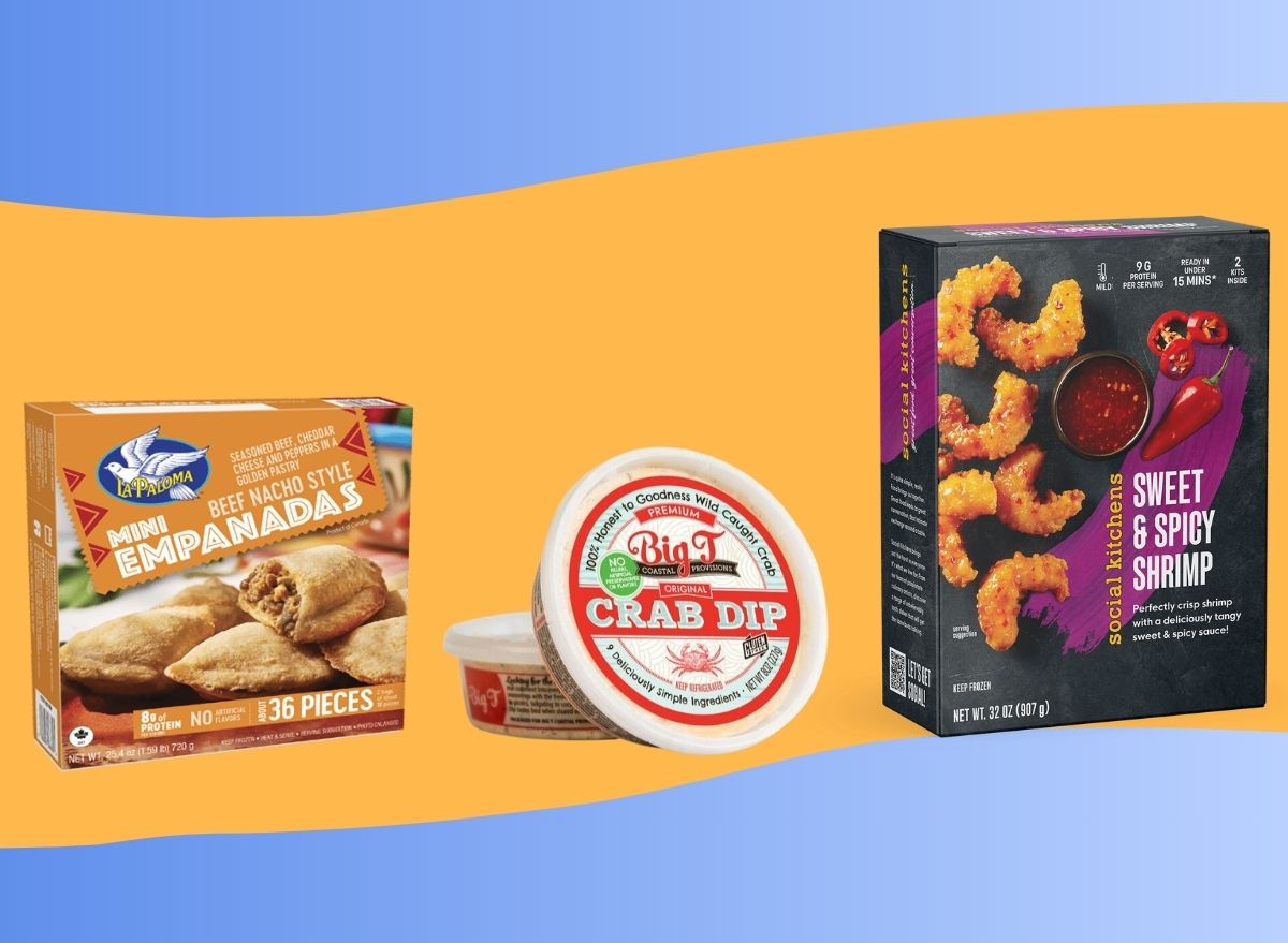 Three Costco appetizers on a graphic background