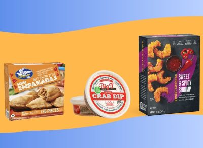 Three Costco appetizers on a graphic background