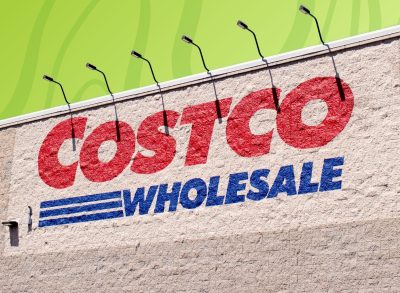 Costco exterior on colorful green background