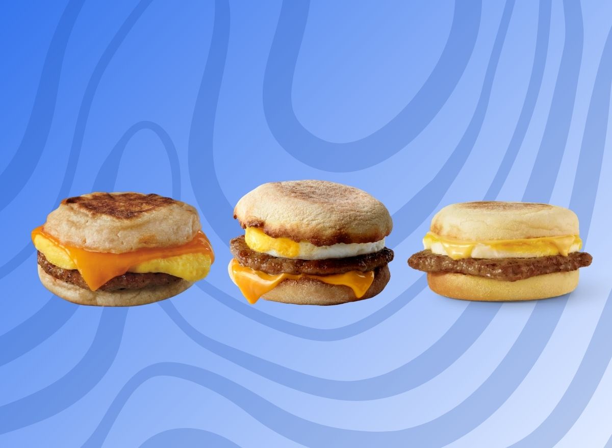 English Muffin breakfast sandwiches from Starbucks, Wendy's, and McDonald's on a graphic background