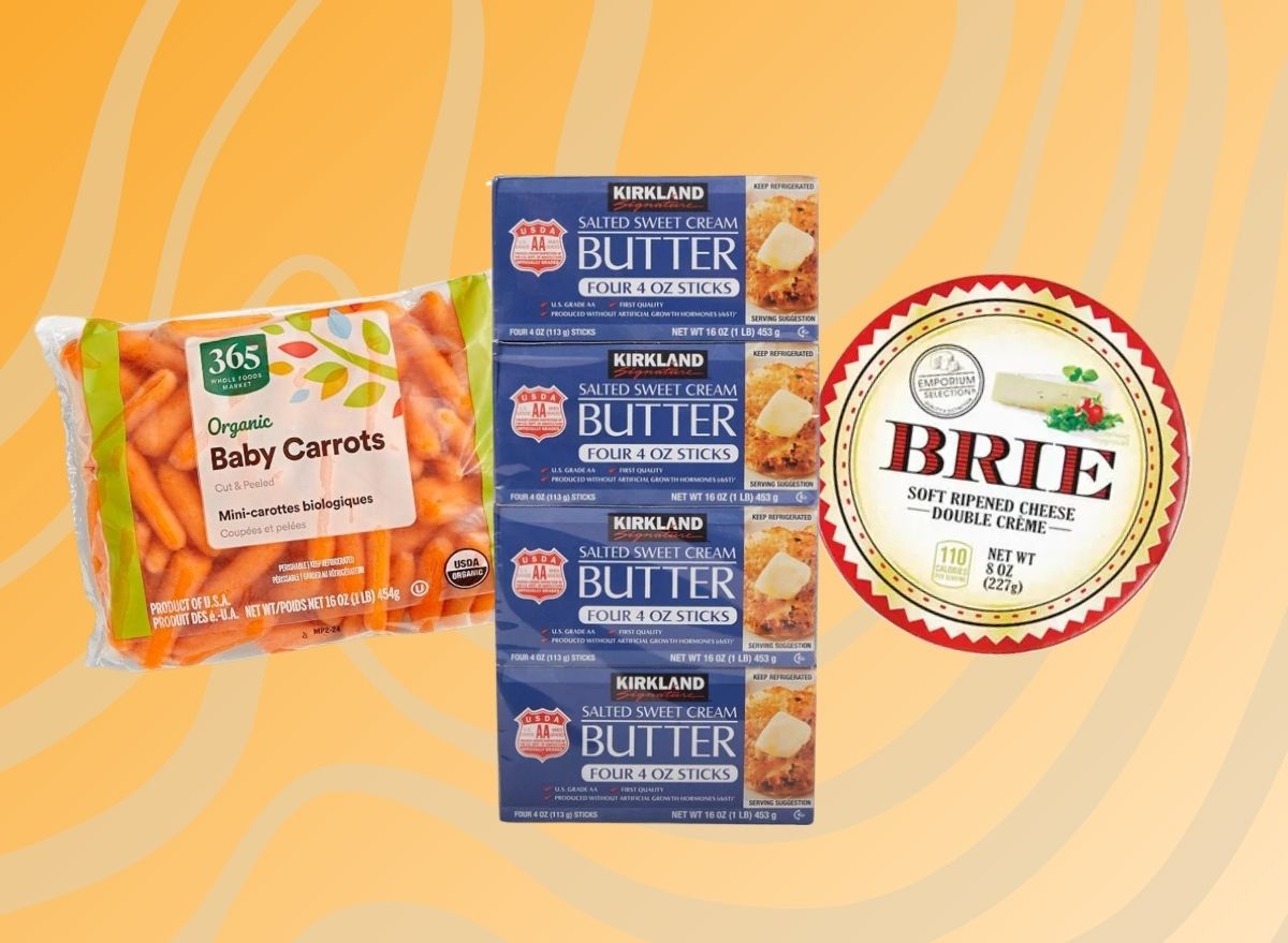 Whole Foods 365 organic baby carrots, Kirkland Signature butter, Aldi brie on colorful orange-yellow background