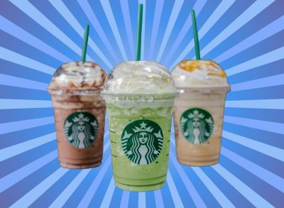 A trio of Starbucks popular Frappuccino drinks set against a vibrant background