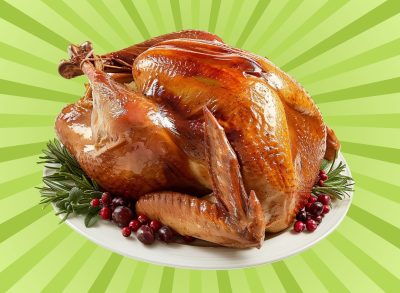 A classic American Thanksgiving turkey set against a colorful background.