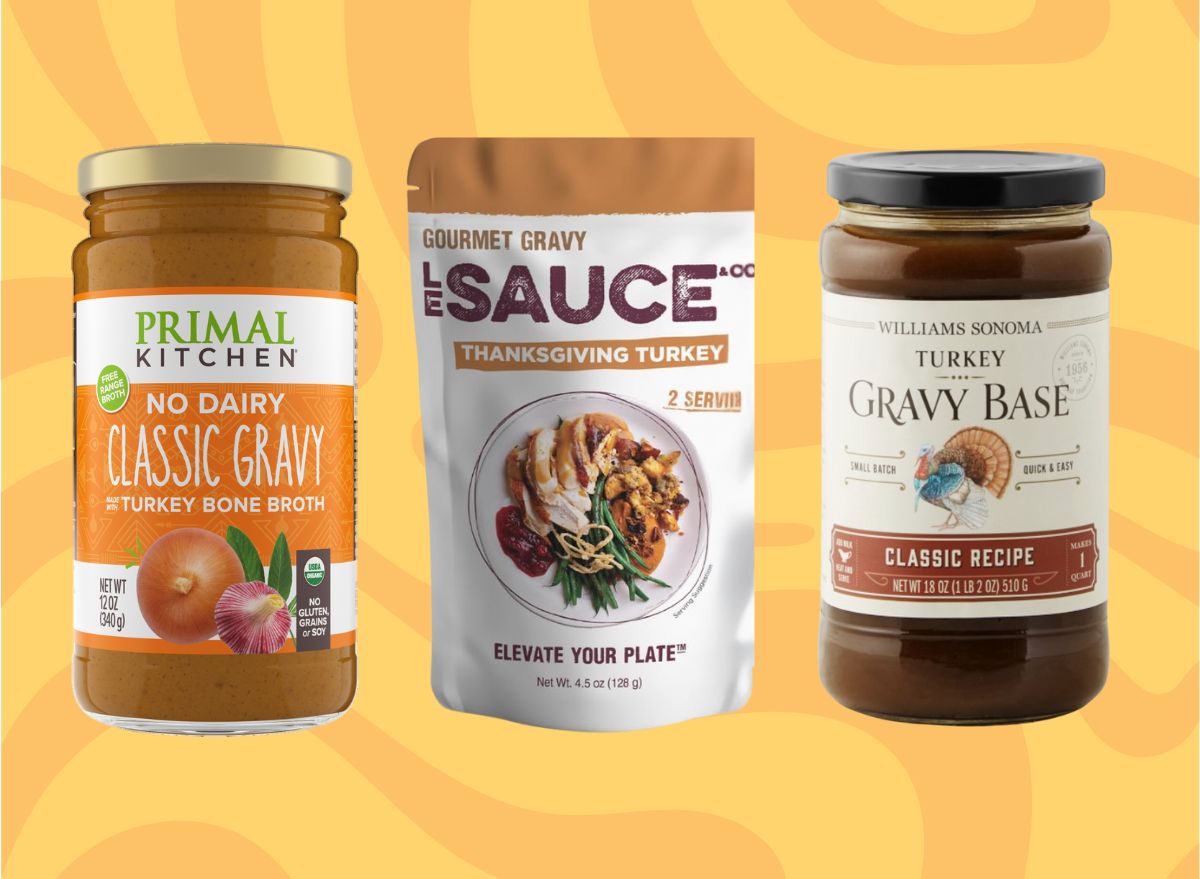 A trio of store-bought gravy products set against a vibrant orange and yellow background.