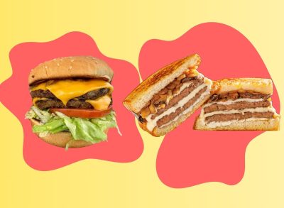 Habit Burger Double Char and Steakhouse Melt on colorful yellow and red background