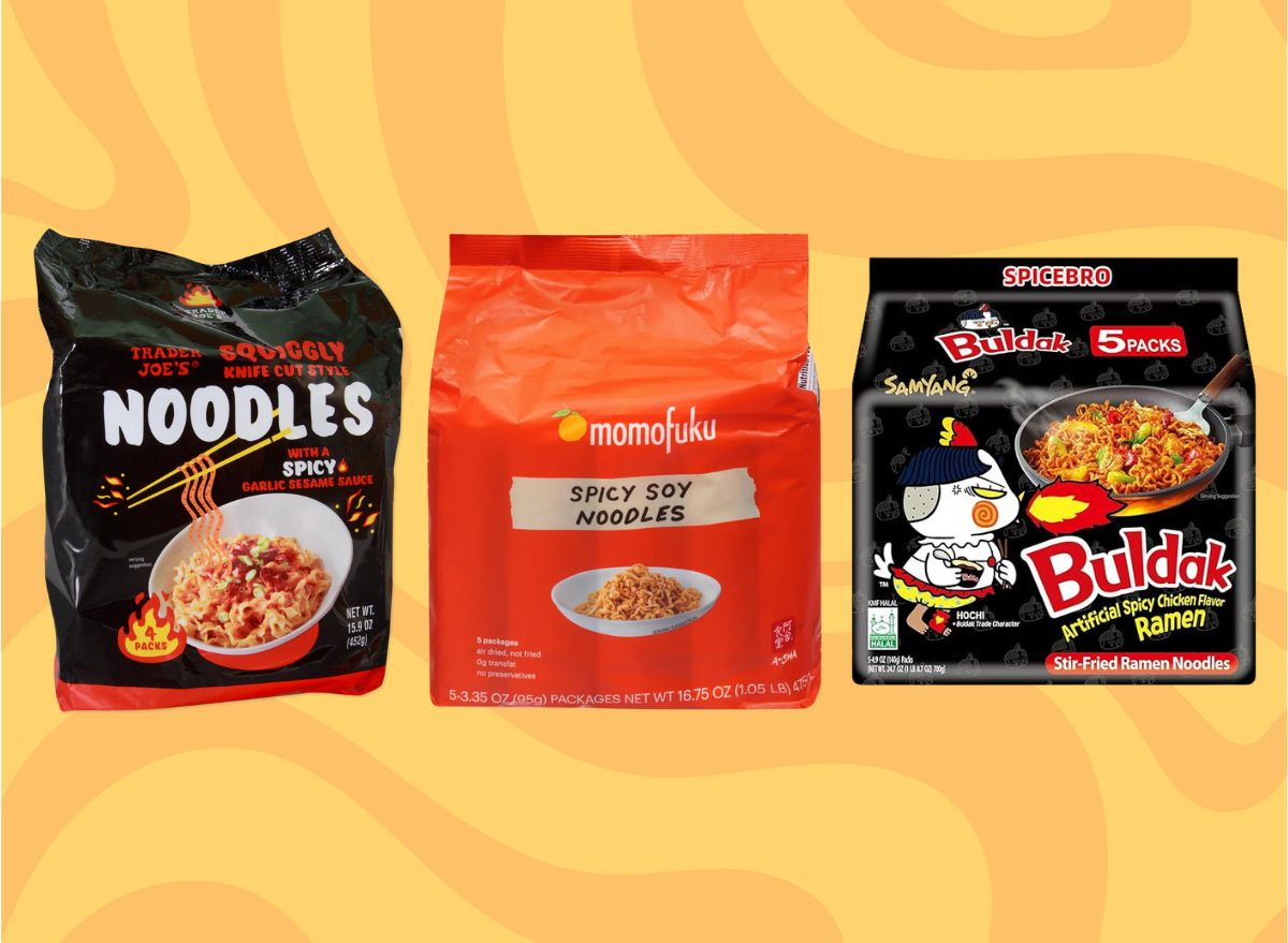 A trio of popular instant noodle brands set against a vibrant, swirly patterned background