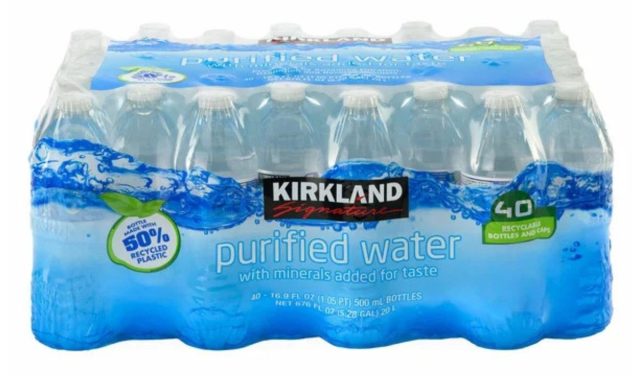 pack of Kirkland Signature Purified Drinking Water on white background