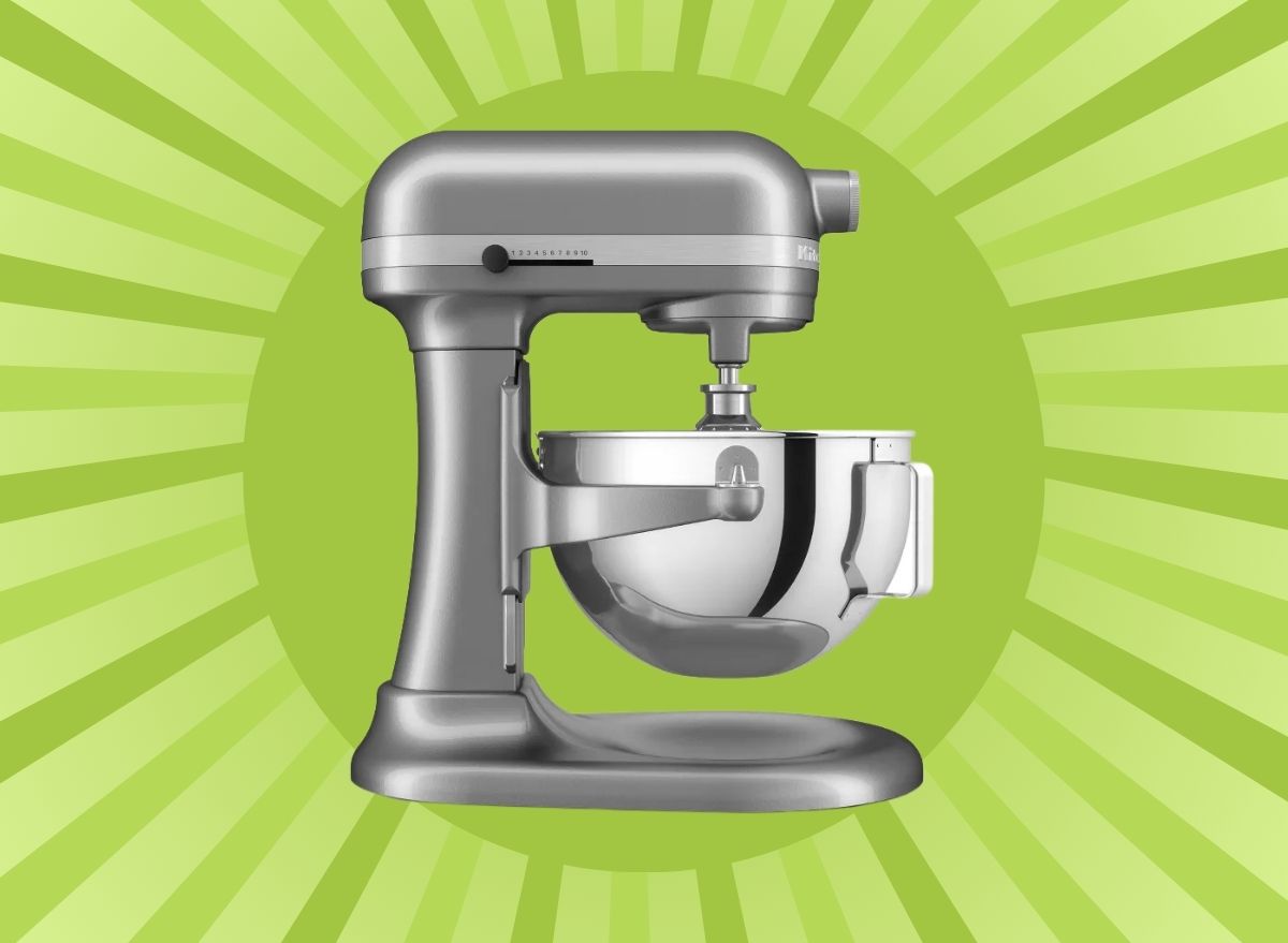 KitchenAid stand mixer on patterned green background