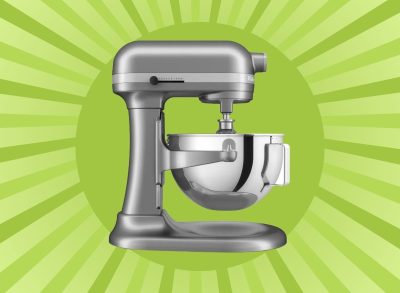 KitchenAid stand mixer on patterned green background