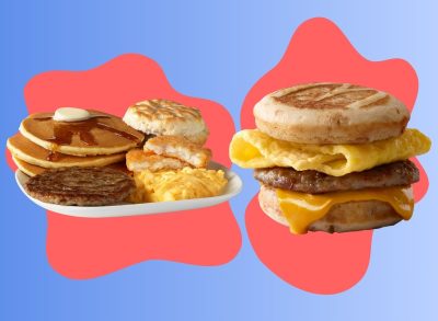 McDonald's breakfast items including hotcakes, hash browns, and Sausage, Egg & Cheese McGriddle